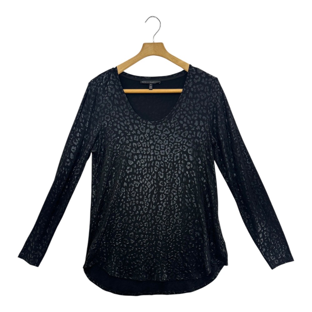 White House Black Market Black Leopard Print Metallic Long Sleeve Top M